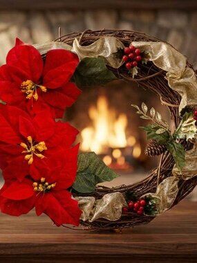 💫Farmhouse /Rustic Poinsettia Christmas wreath – Grapevine  w Holly Berries ✨🎄